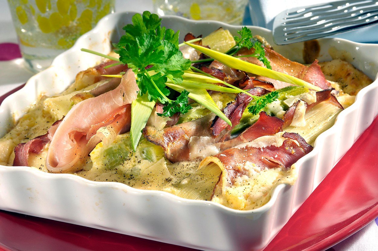 Baked Leek with Proscuitto and Cheese