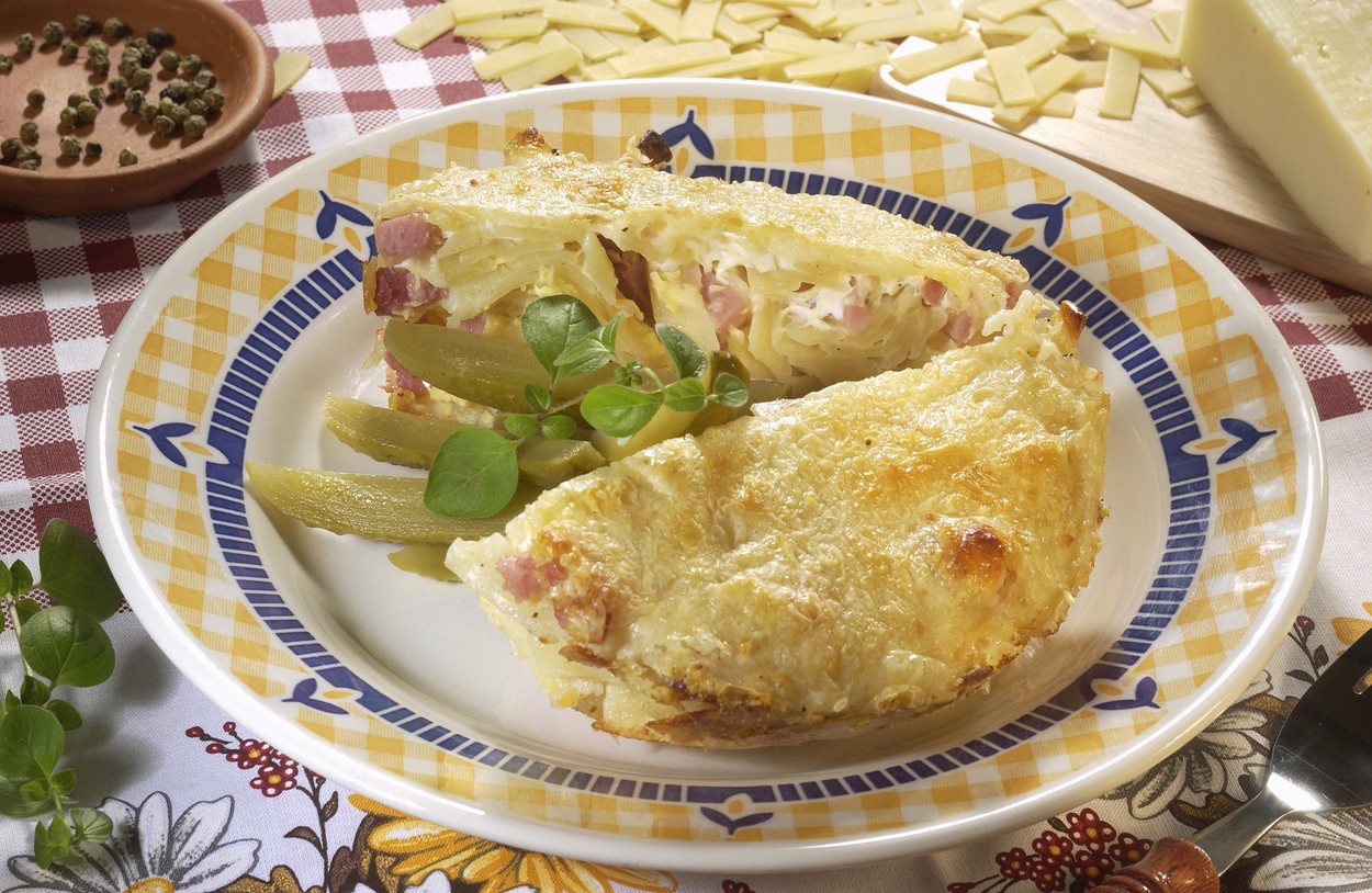 Baked Noodles with Smoked Meat, Cheese and Gherkin