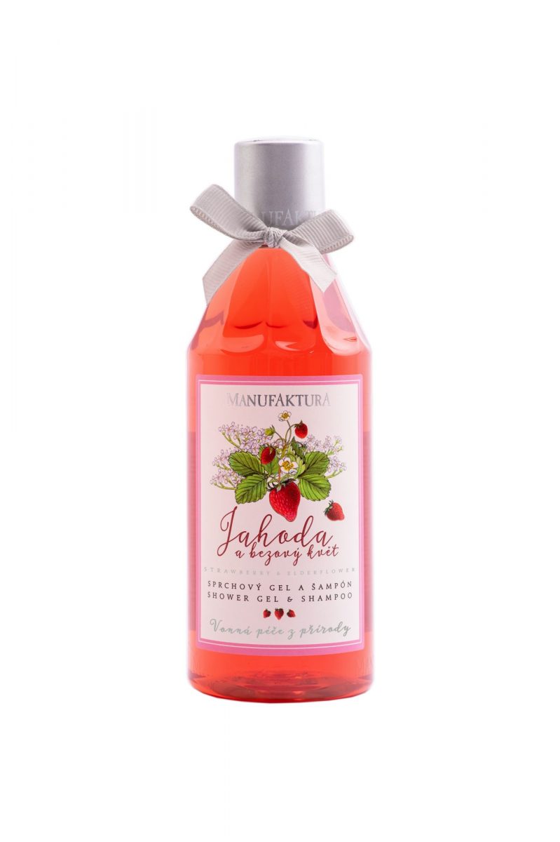 Jemný hydratační sprchový gel a šampon Jahoda & Bezový květ 255 ml, cena 169 Kč