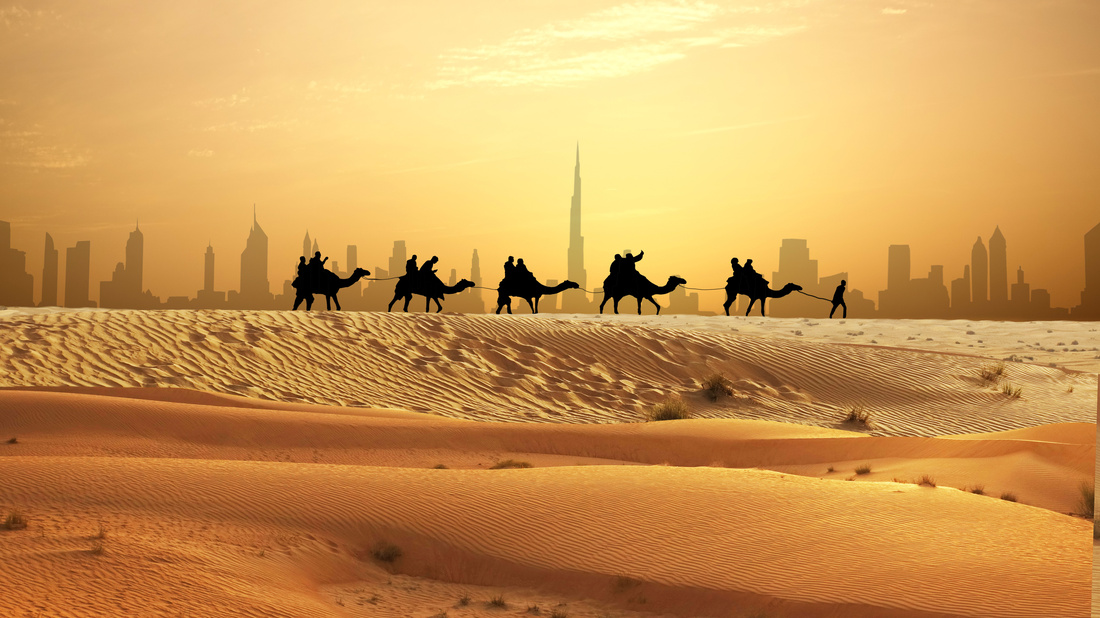 Camel caravan on sand dunes on Arabian desert with Dubai skyline